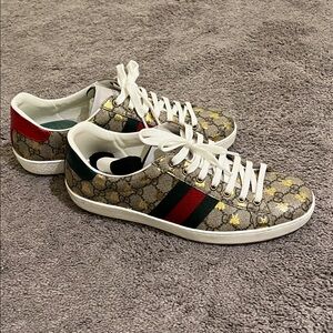 Gucci Beige Monogram Sneakers with Red and Green Accents